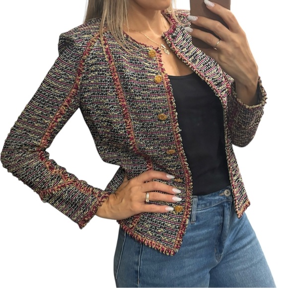 St. John Collection Fringe Trimmed Jacket in Burgundy/Wheat Multicolor Sz 2 - Picture 3 of 11